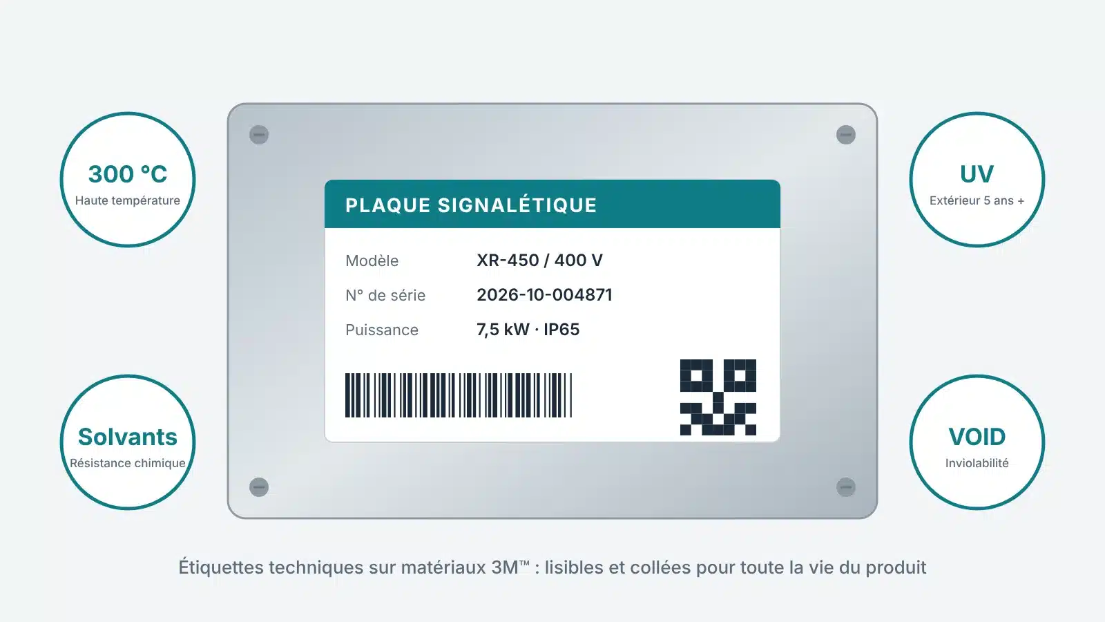Plaque signalétique avec code-barres et QR code, résistante à 300 °C, aux solvants, aux UV et à l'effraction