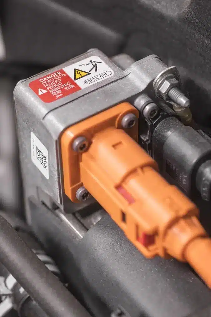 Étiquette d'avertissement haute tension sur un connecteur de batterie de véhicule électrique